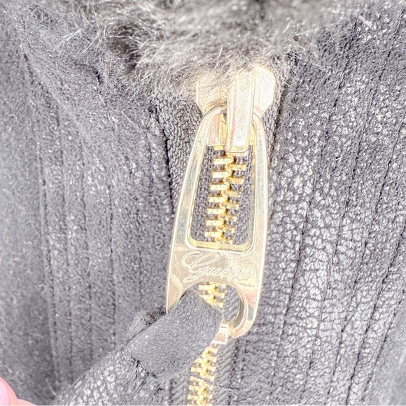 Guess Black Leather Jacket with Fur Trim and Asymmetrical Zipper - Picture 3 of 8